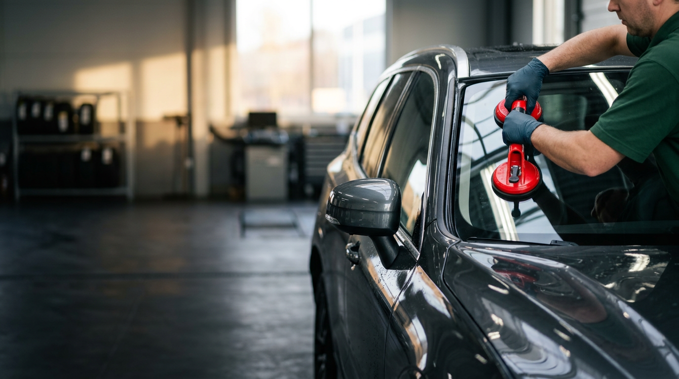 Green Tech technician setting a new windshield on an SUV with suction cups